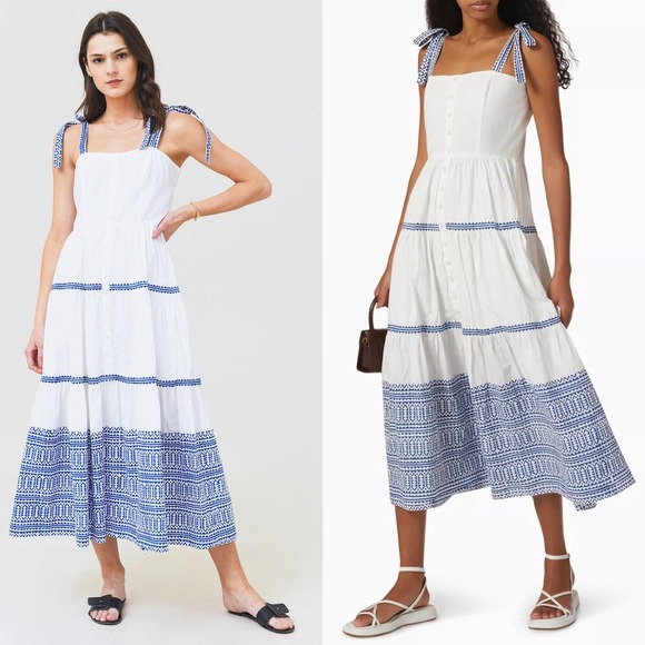 Oliphant Dresses & Skirts - Oliphant NEW Tie Strap Button Cotton Poplin Midi Dress in Mykonos Blue - Size‎ M